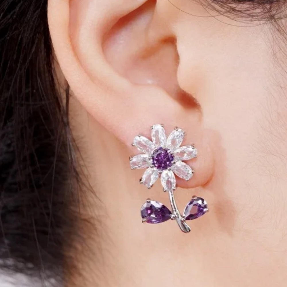 18K White Gold Purple Gemstone Flower Stud Earrings With Natural Zircon Bohemian